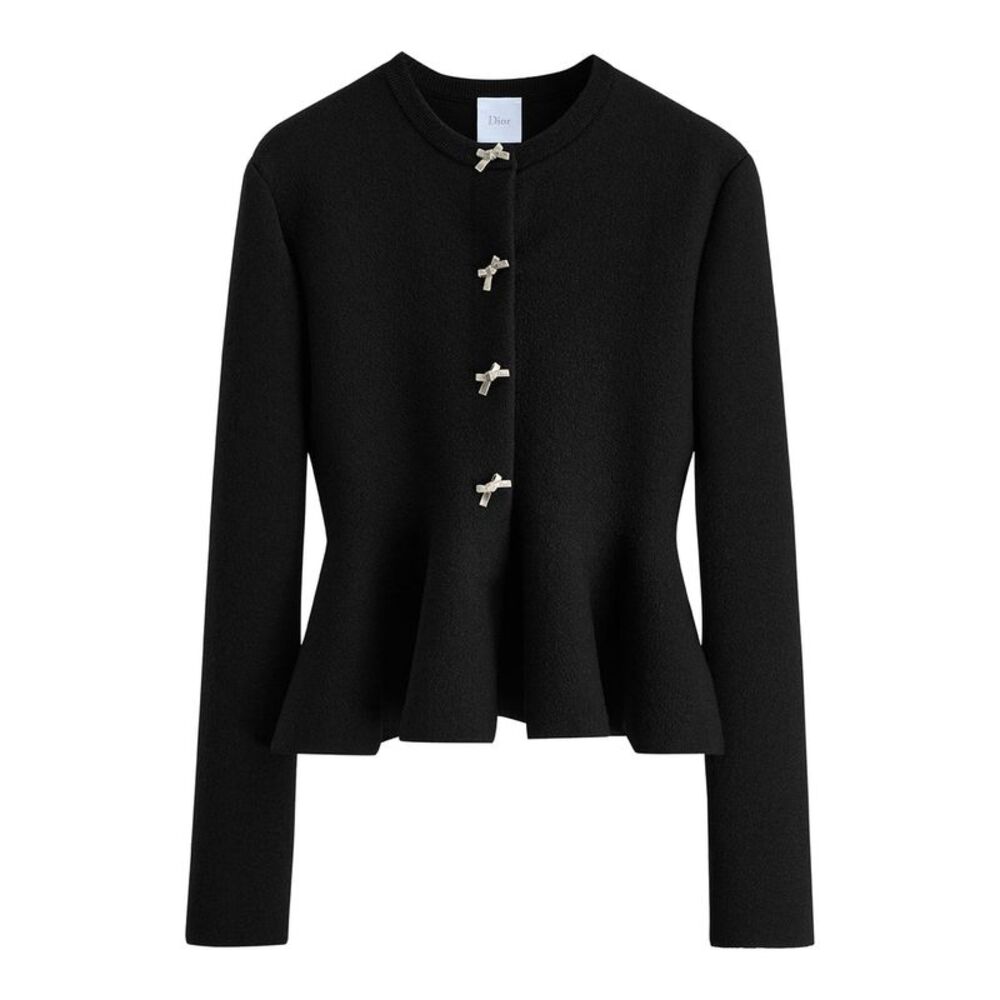 Christian Dior Women Black Virgin Wool-Blend Knit Peplum Jacket